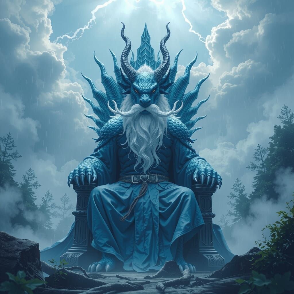 Azure Dragon God on Storm Throne: 3D Illustration