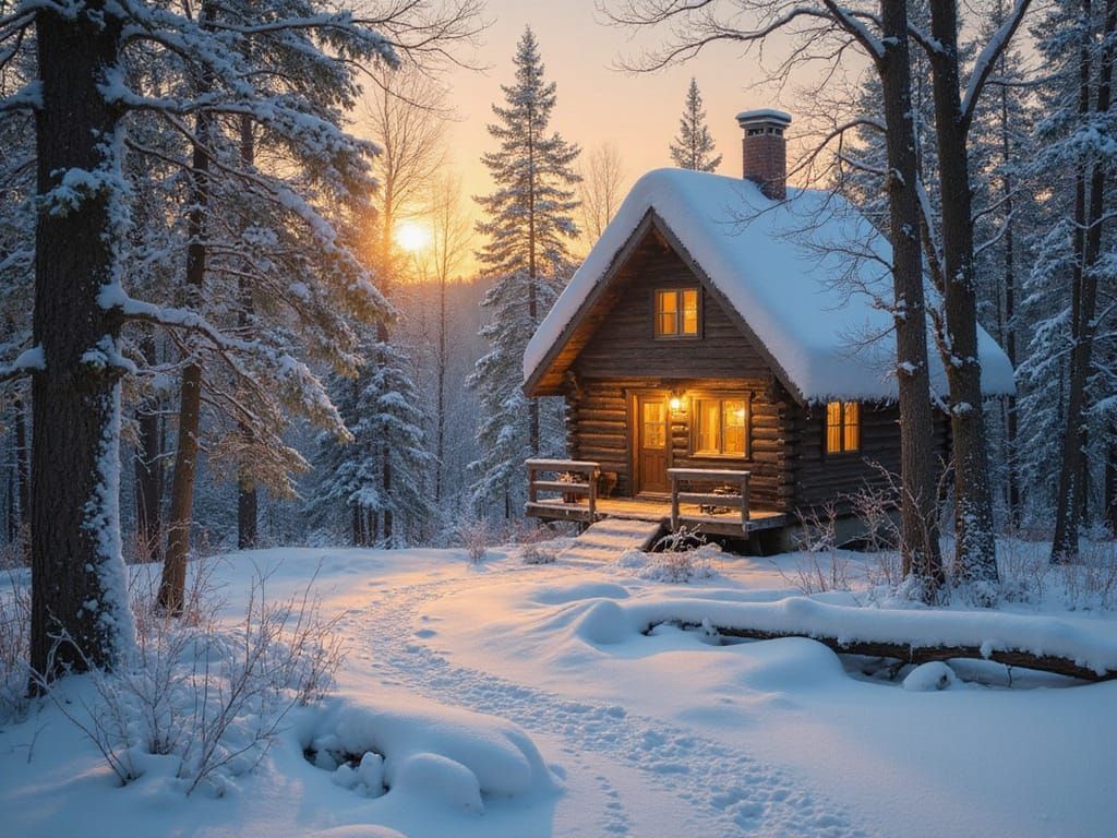 A cozy cabin deep in the woods, warm firelight spilling onto...