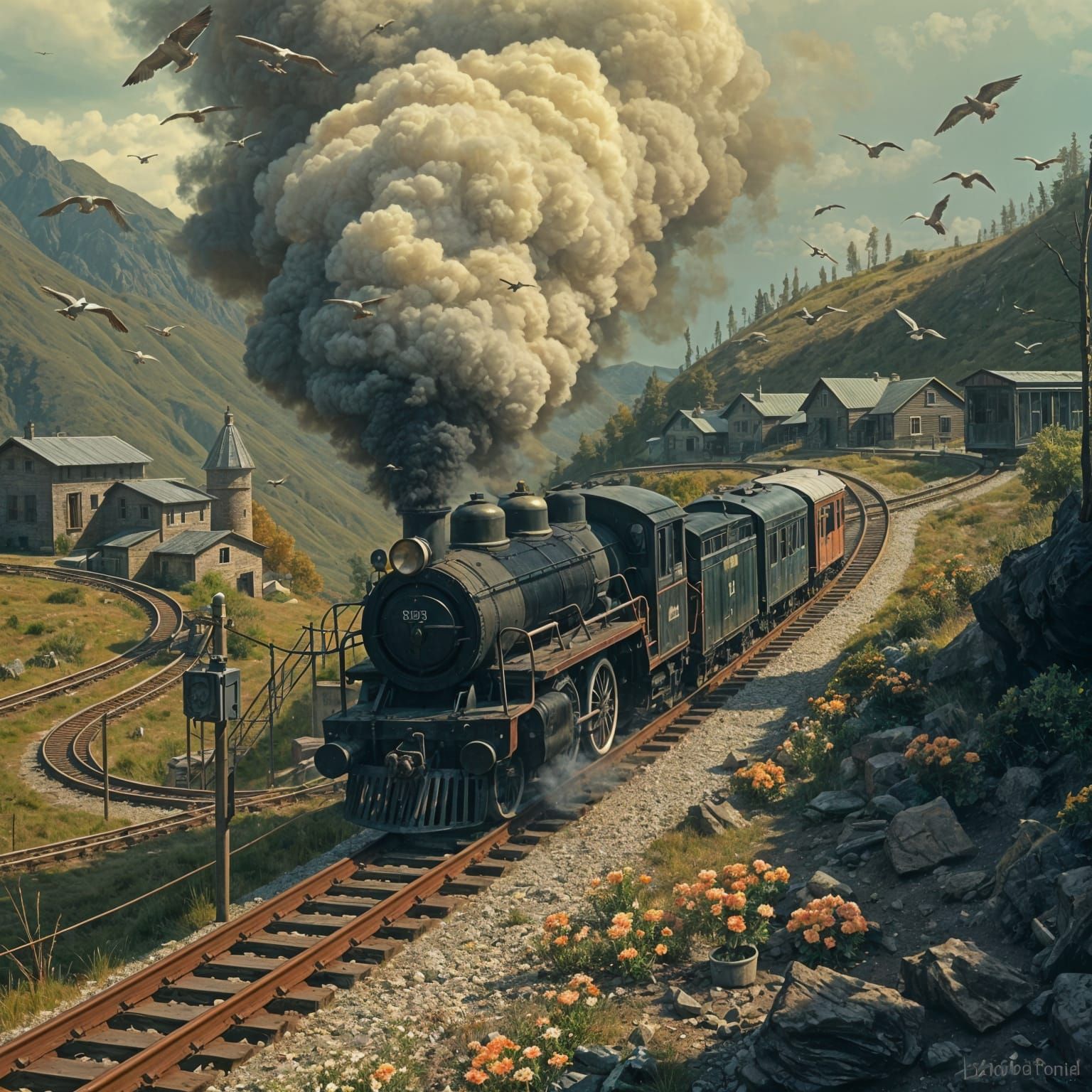 Vintage Train Disappears into Burning Landscape