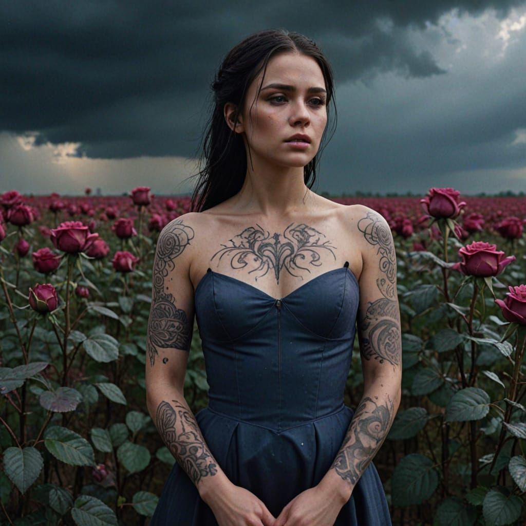Ethereal Woman with Dark Tattoos in Wilting Rose Field