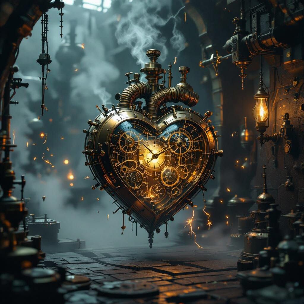 Clockwork Heart in Dimly Lit Steampunk Workshop
