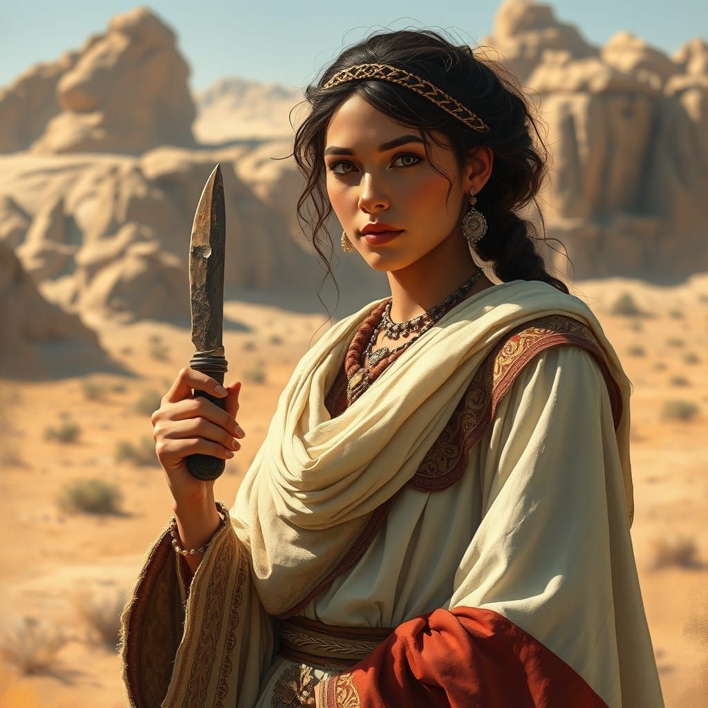 Ancient Desert Maiden Prepares Flint Knife