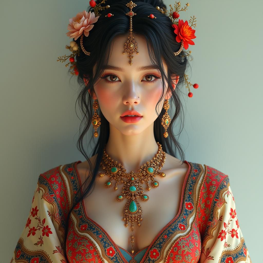 Exquisite Woman in Embroidered Ethnic Clothing: Digital Matt...