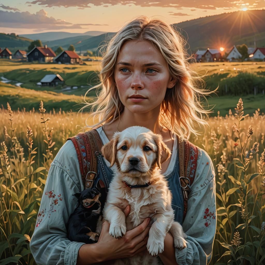 Scandinavian Woman with Puppy in Summer Field