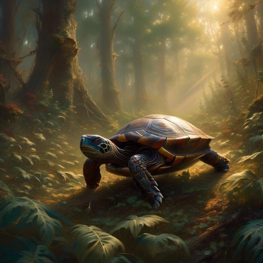 <lora:Decay:1.0> A Painted turtle slowly strolling through f...