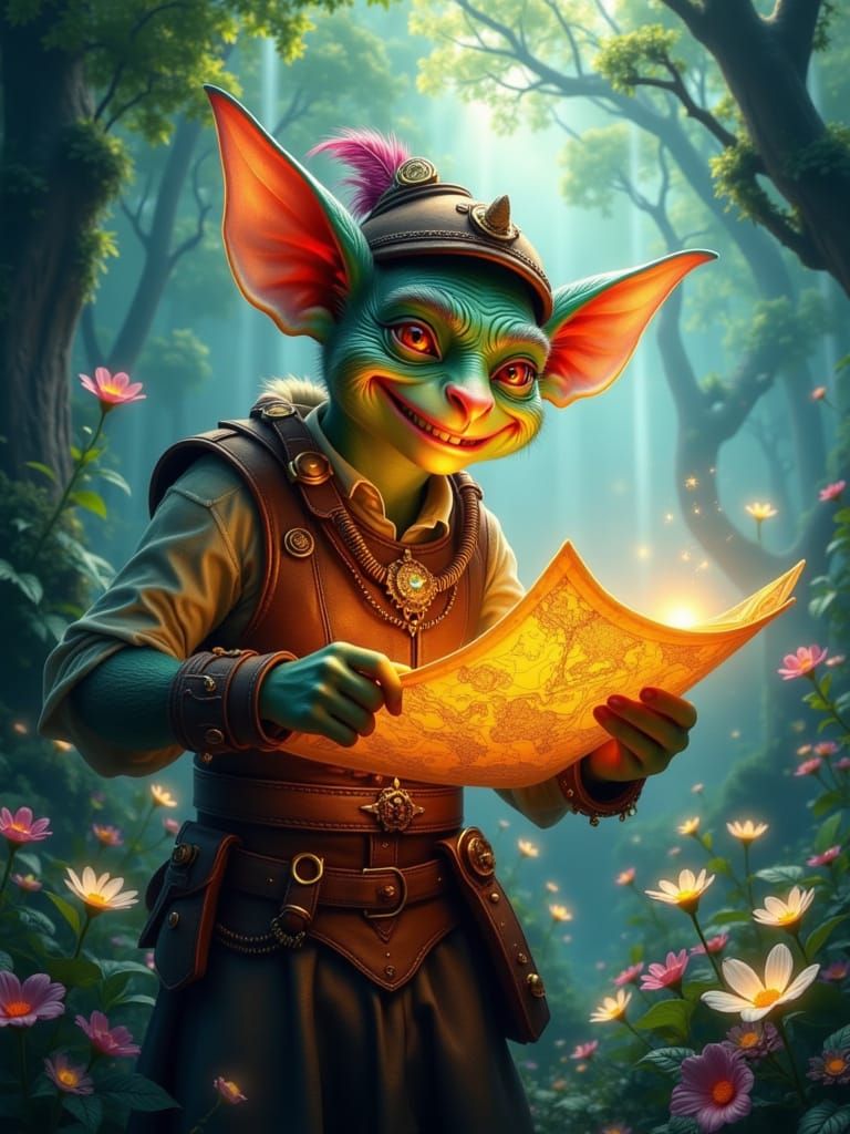 Mischievous Goblin Holds Glowing Map in Sunlit Forest