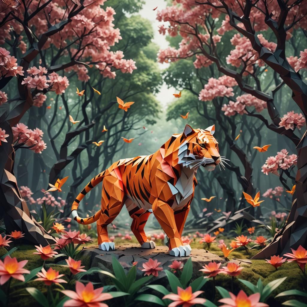 Flaming Origami Tiger in Blossom Forest