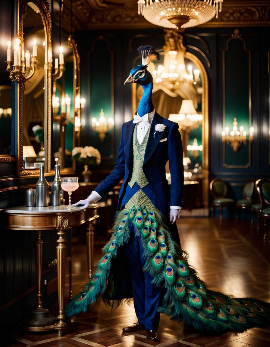 Elegant Anthropomorphic Peacock in Ballroom Portrait