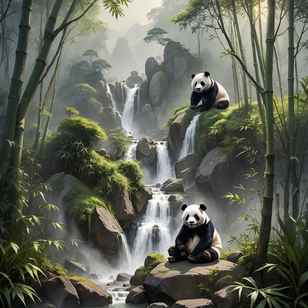 Giant Panda in Misty Bamboo Forest