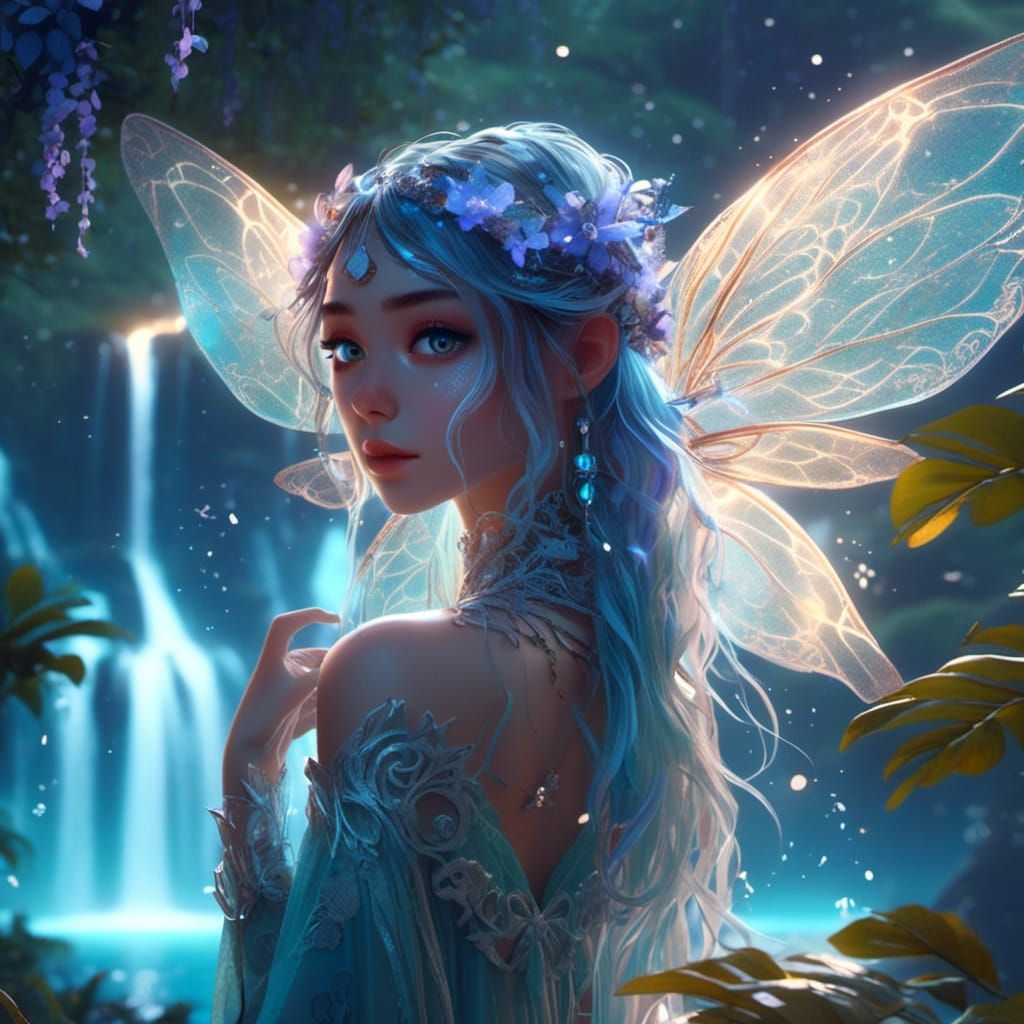 Night Jungle Elf with Waterfall in Anime Style