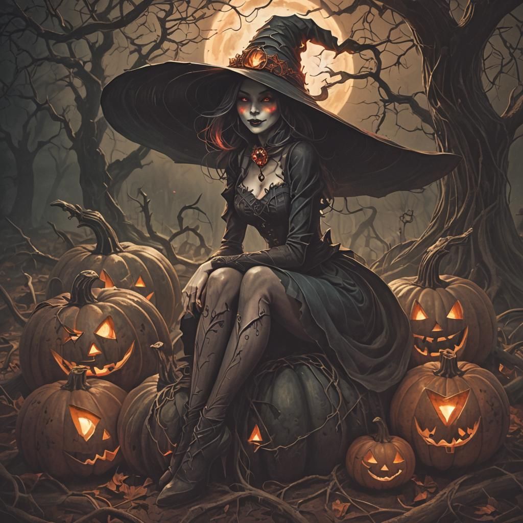 Eerie Witch on Halloween Pumpkin in Dark Fantasy Style