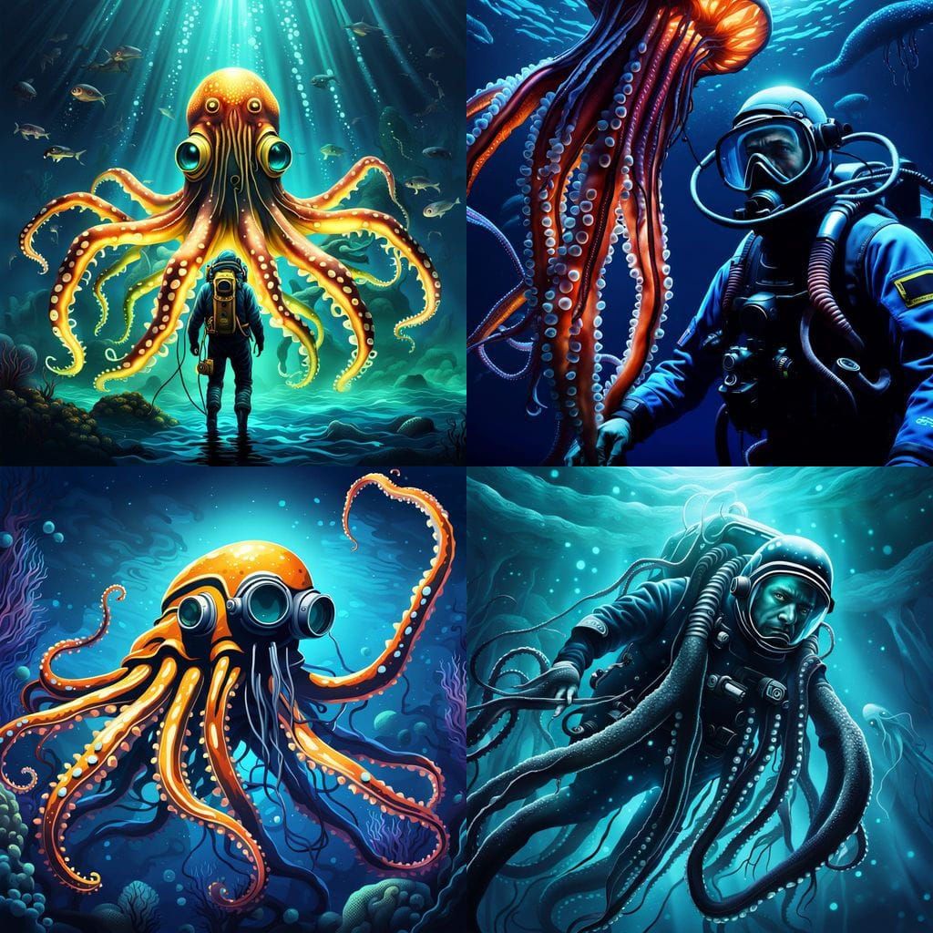 Deep Sea Diver and Giant Squid Encounter