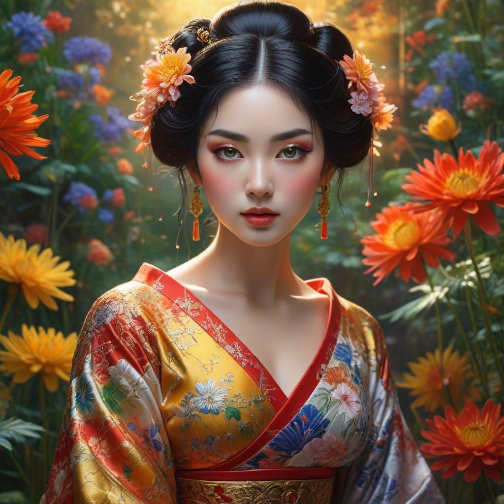 Ethereal Geisha Surrounded by Celestial Beauty in a Fantasti...