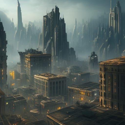 Dystopian City in Detailed Matte Painting Style