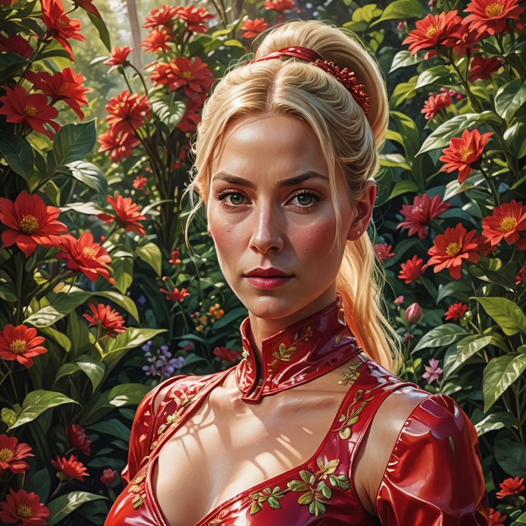 Woman in Red PVC Dress, Art Nouveau Garden