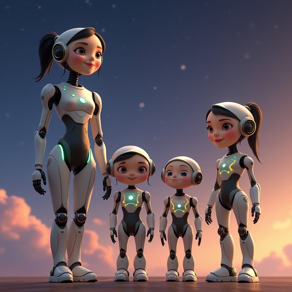 Robot Family Portrait in Pixar-Style 3D Animation