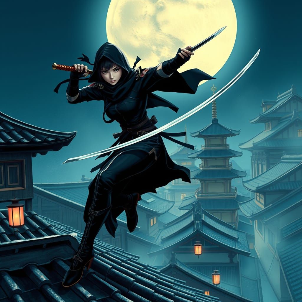 Ninja Girl Leaps Through Moonlit Asian Town