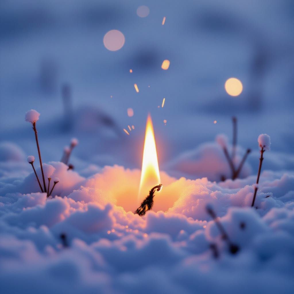 Tiny Flame Spark in Snowy Field