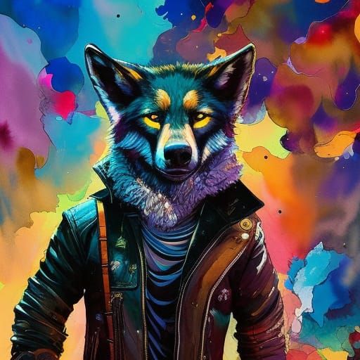 Anthropomorphic Wolf Portrait in Watercolor Style