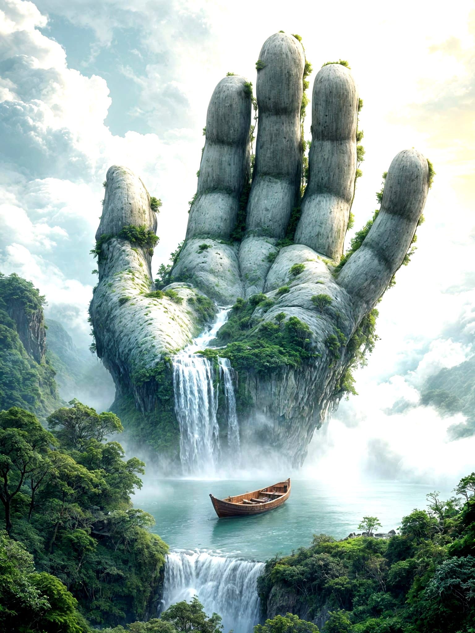 Majestic Marble Hand Rises from Cloudy Landscape