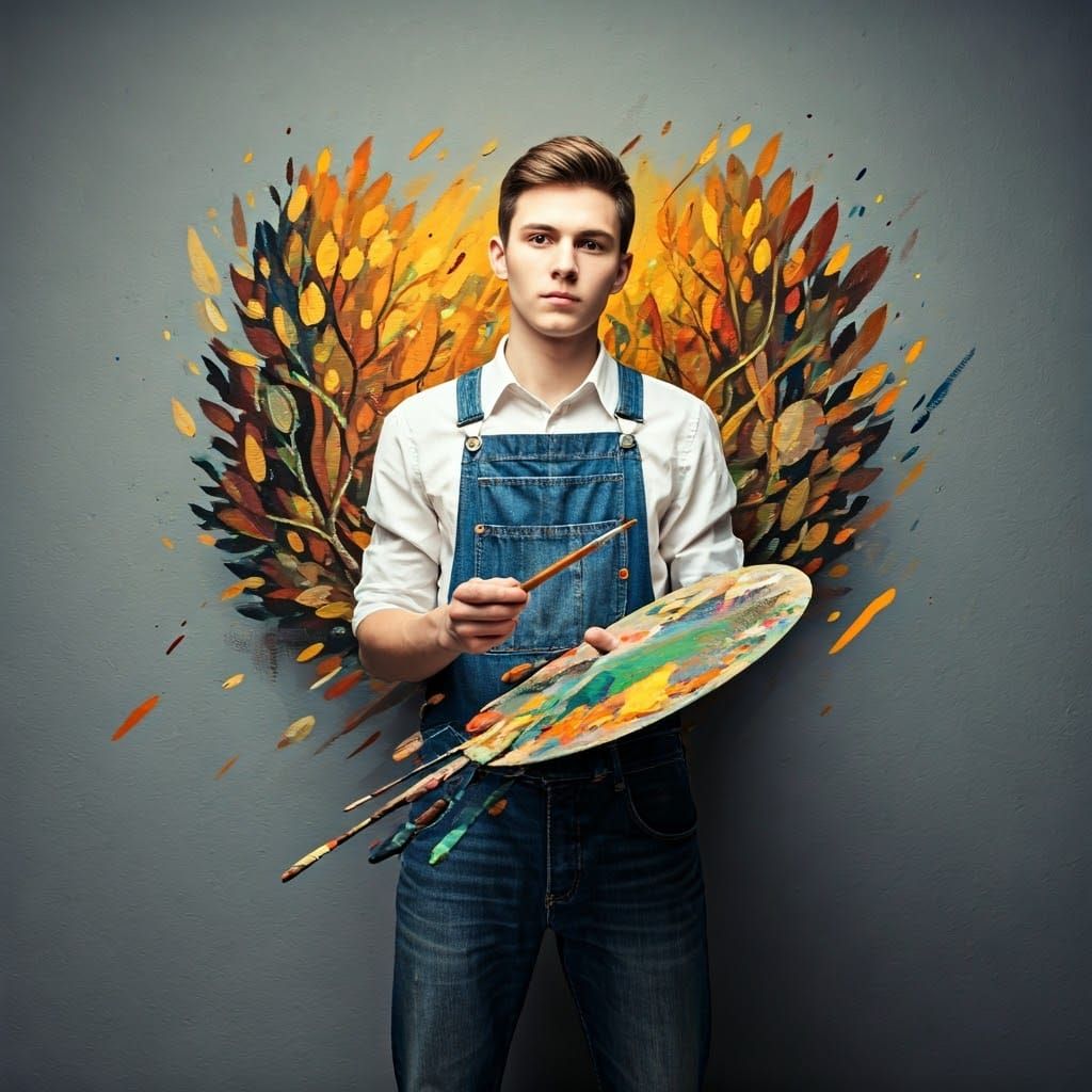 Young Artist's Vibrant World: Expressive Abstract Portrait