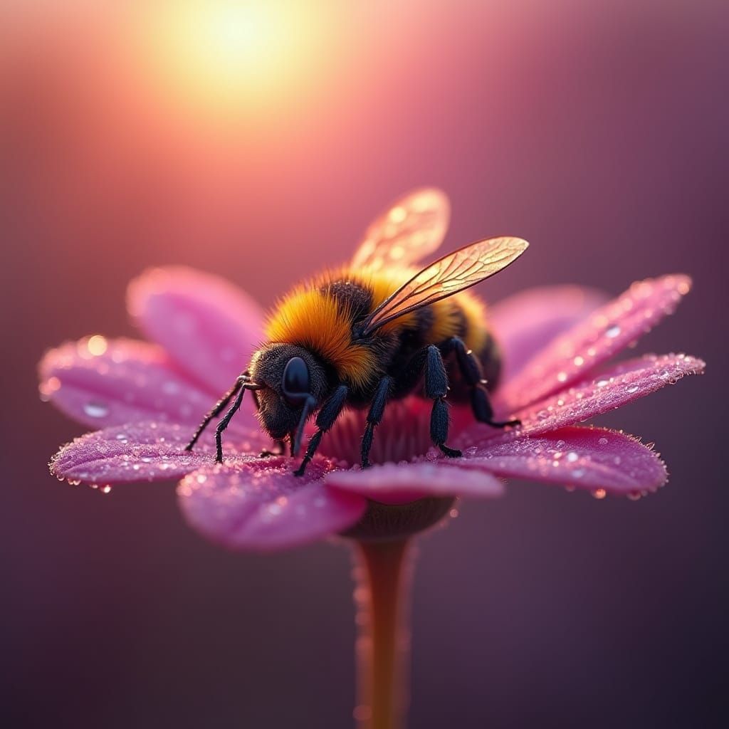 Bee Fairy Sleeping in Flower at Sunset