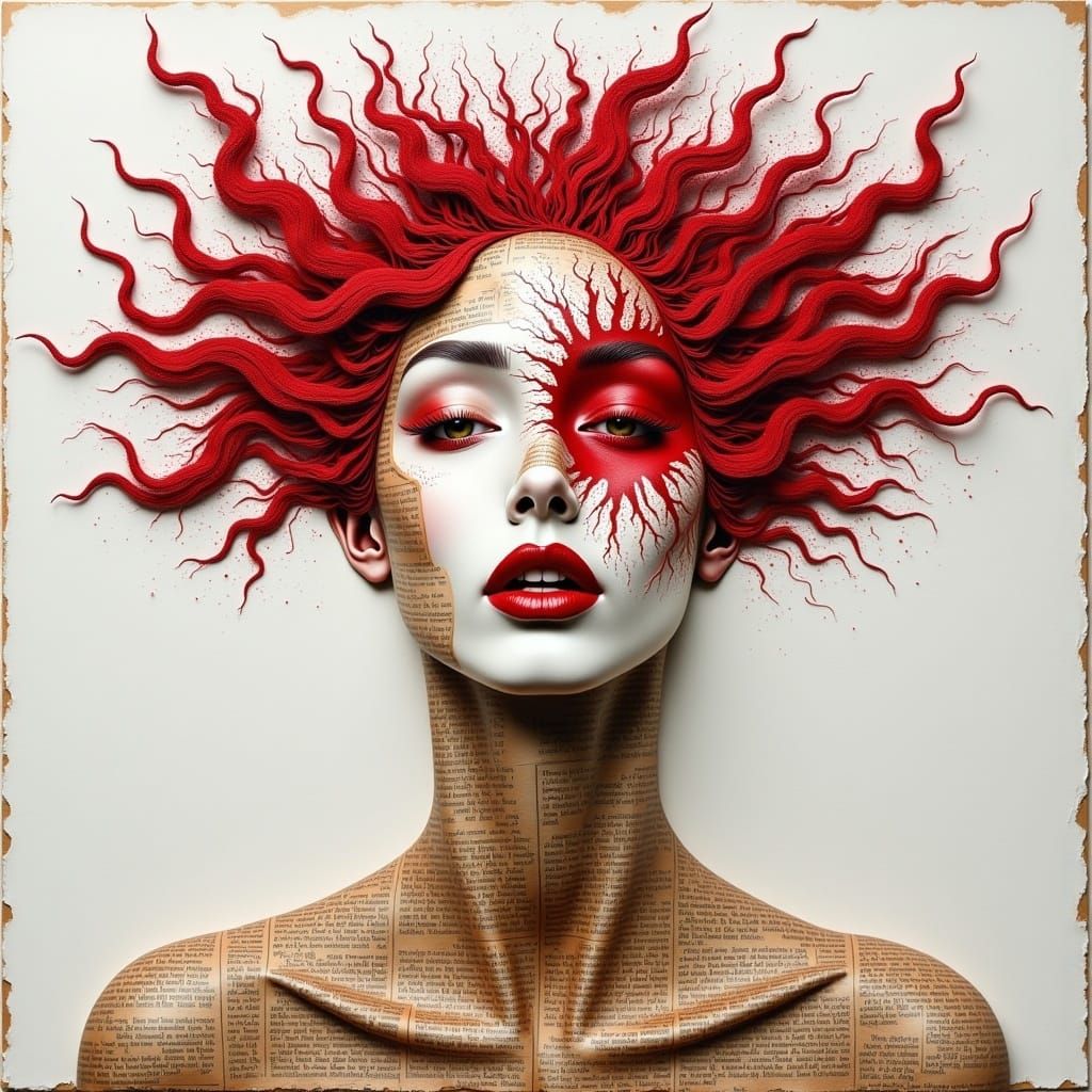 Red Thread Woman: Surrealist Mixed-Media Canvas Art