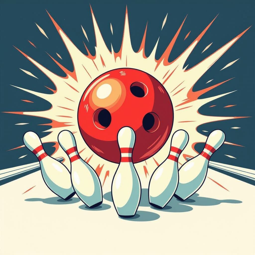 Red Bowling Ball Strikes White Pins in Digital Art