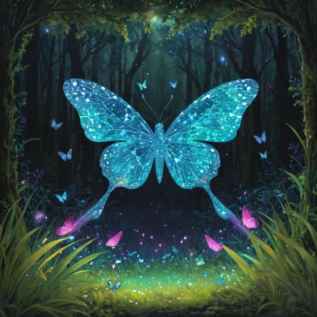 Whimsical Cyberpunk Forest Scene with Holographic Butterflie...