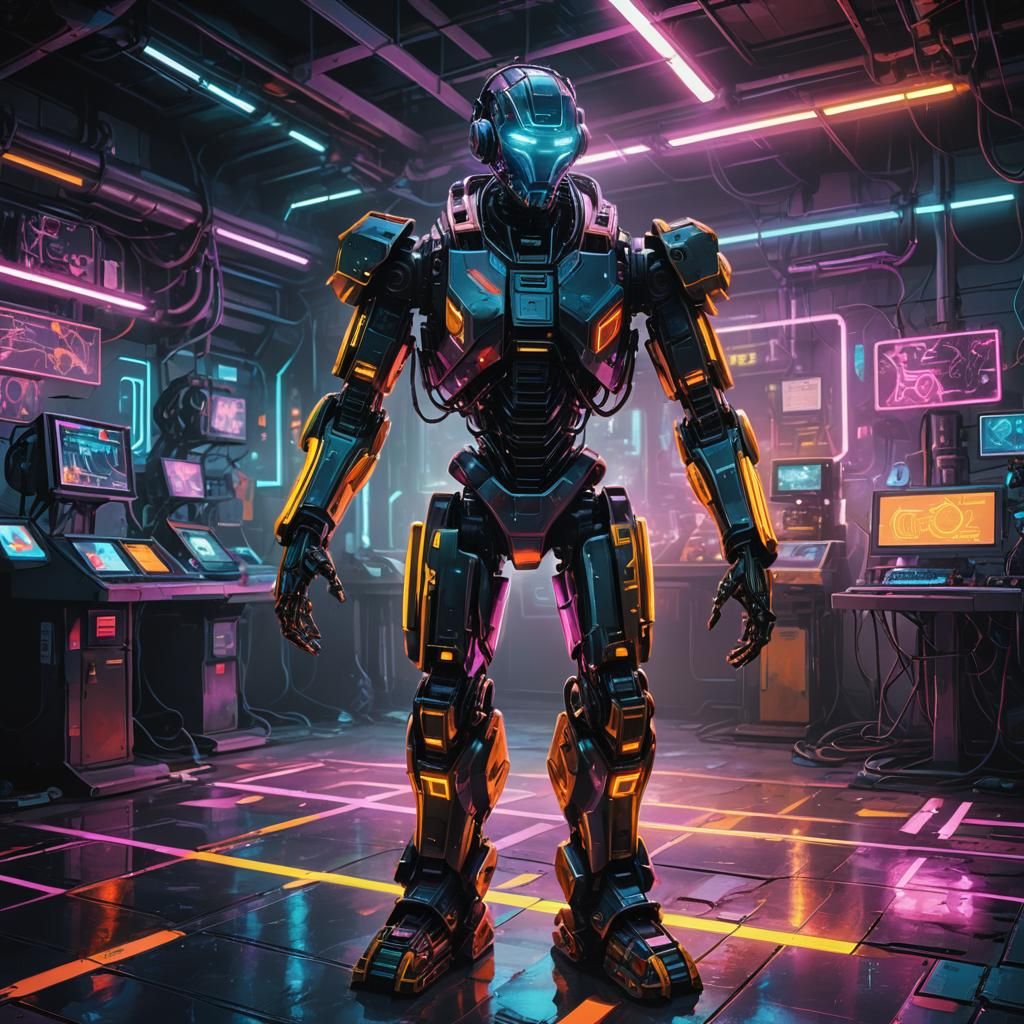 Cyberpunk Robot in Neon-Lit Futuristic Lab