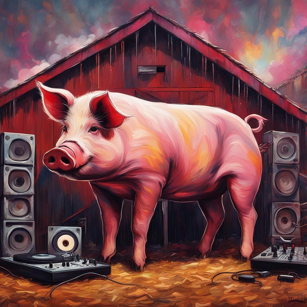Pig DJ'ing a Rave in Barn, Jackson Pollock Style
