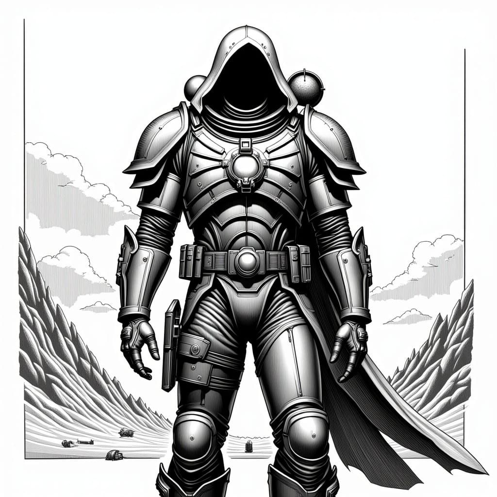 Monochrome Illustration: Man in Metallic Suit