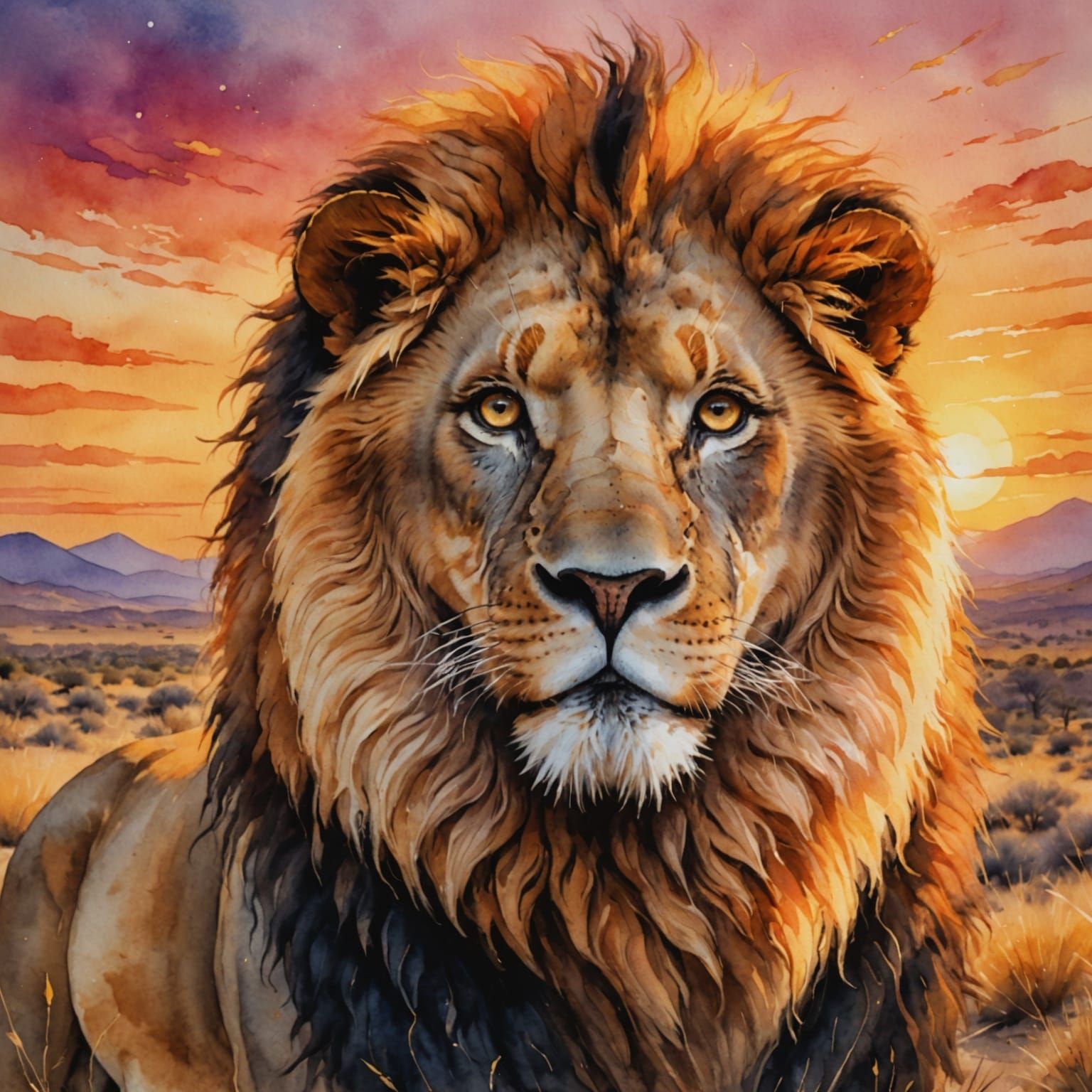 Lion Gaze at Sunset: Watercolor and Digital Art