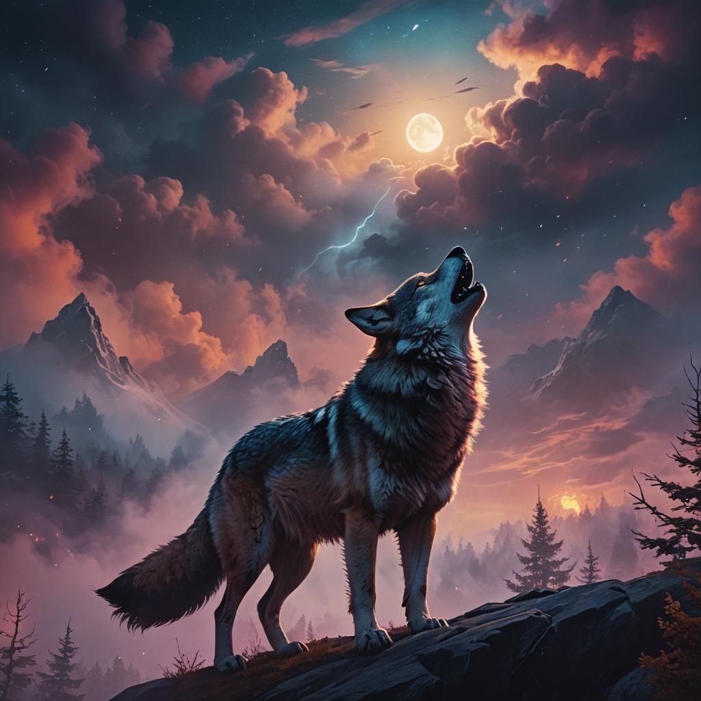Wolf Howling in Foggy Sky: Fantasy Matte Painting