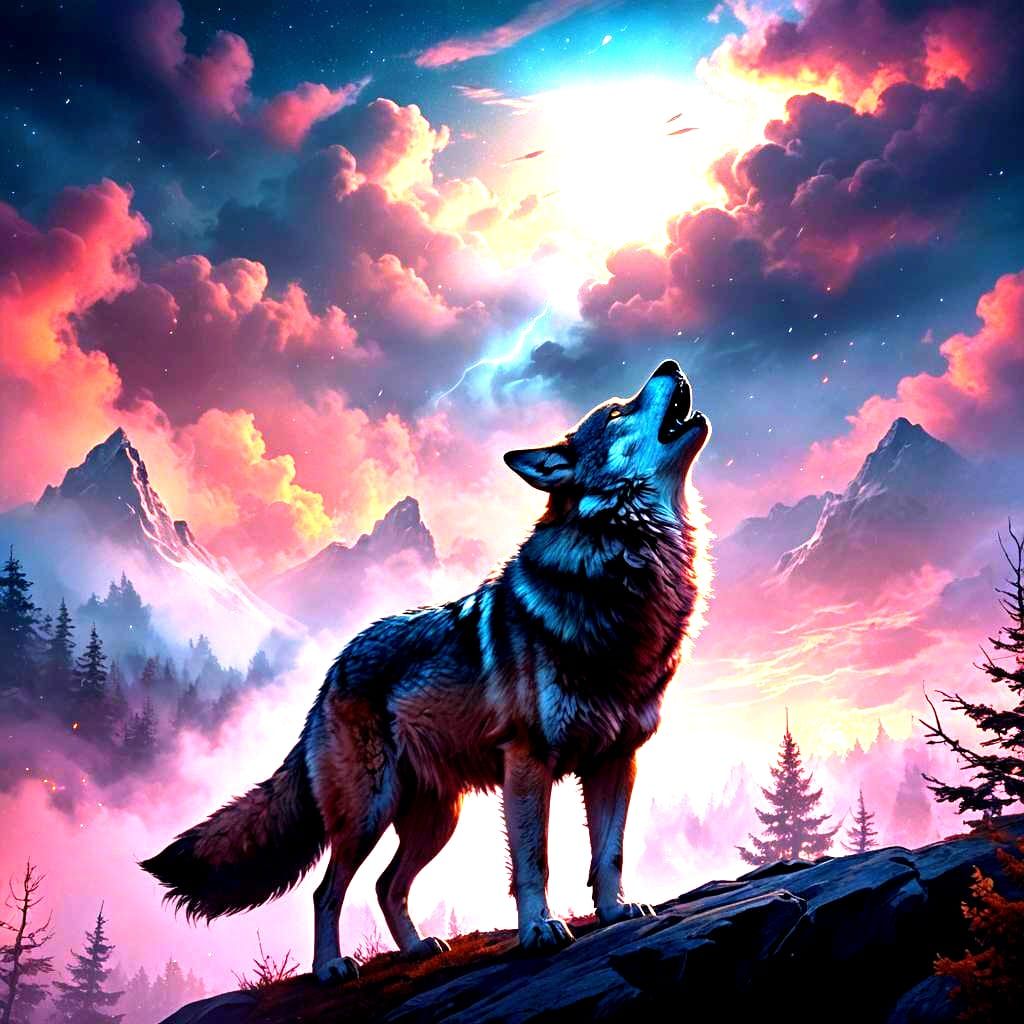 Wolf Howling in Foggy Sky: Fantasy Concept Art
