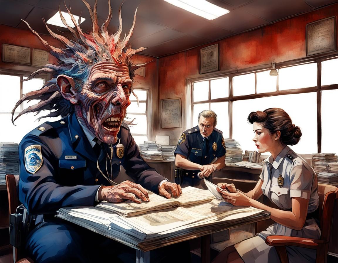 Macabre Body Horror Monster in Police Station