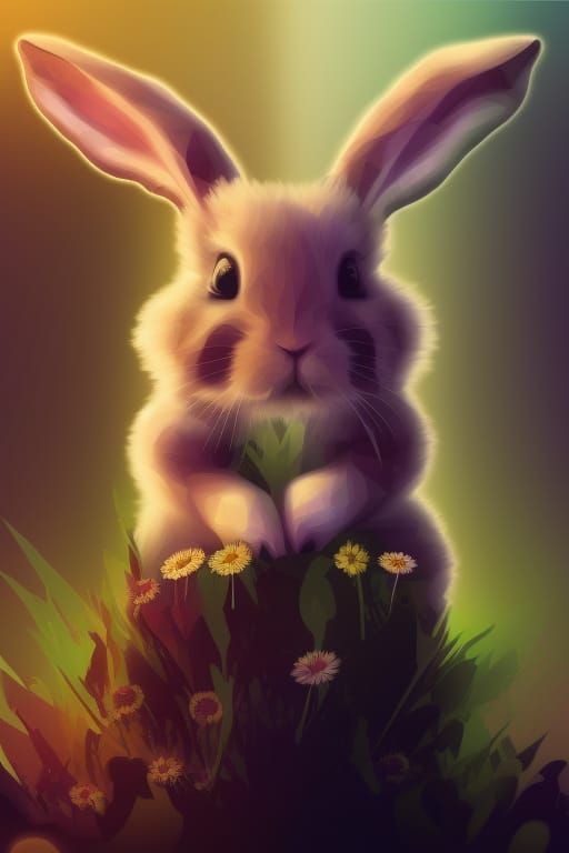 Geometric Cubist Bunny with Flowers