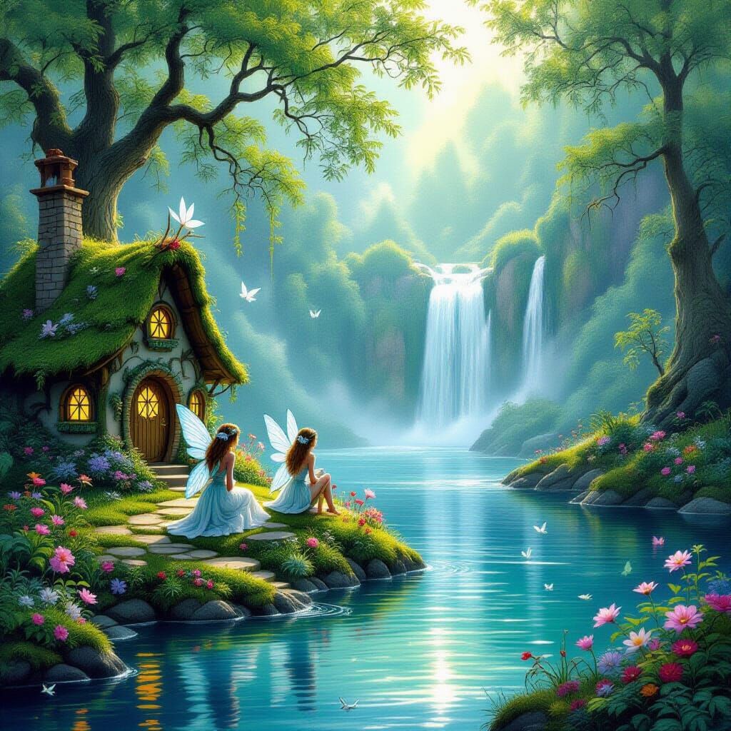 Fairies by Lake with Waterfall in Mystical Style