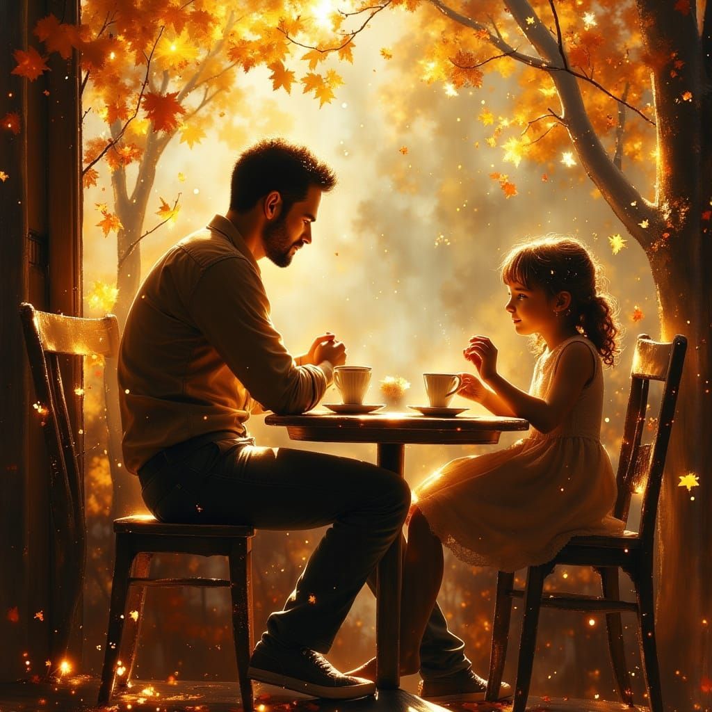 Father and Daughter Share Coffee in Autumn Cafe