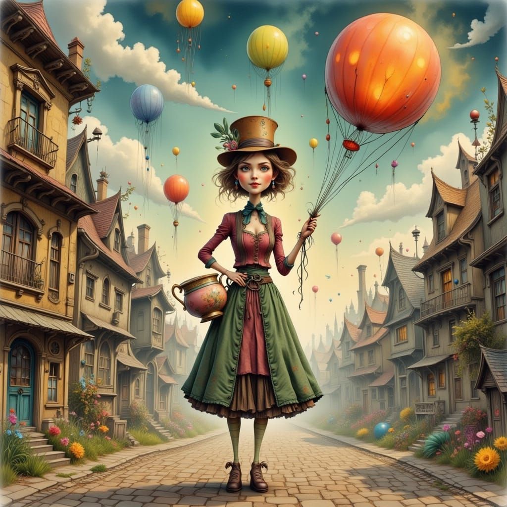 Whimsical Woman in Fantastical City with Luminous Balloons