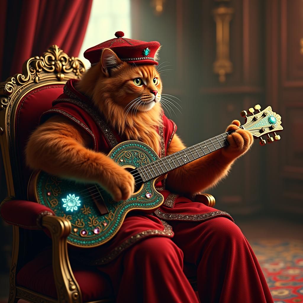 Renaissance Cat Plays Gemstone Guitar in Palace