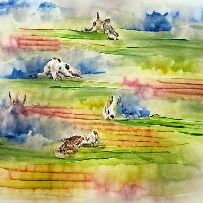 Rabbits Playing Leapfrog in Watercolor Field