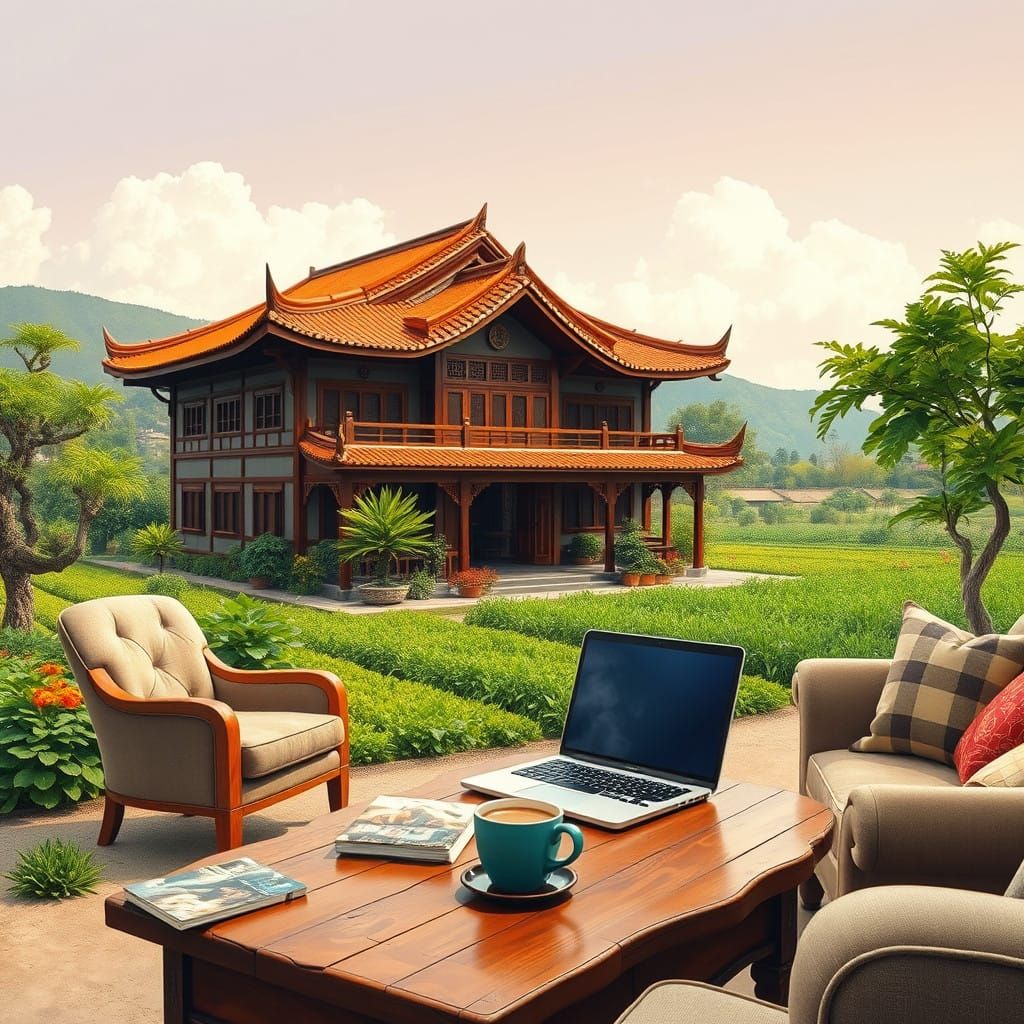 Traditional Chinese Working House in Serene Countryside Scen...