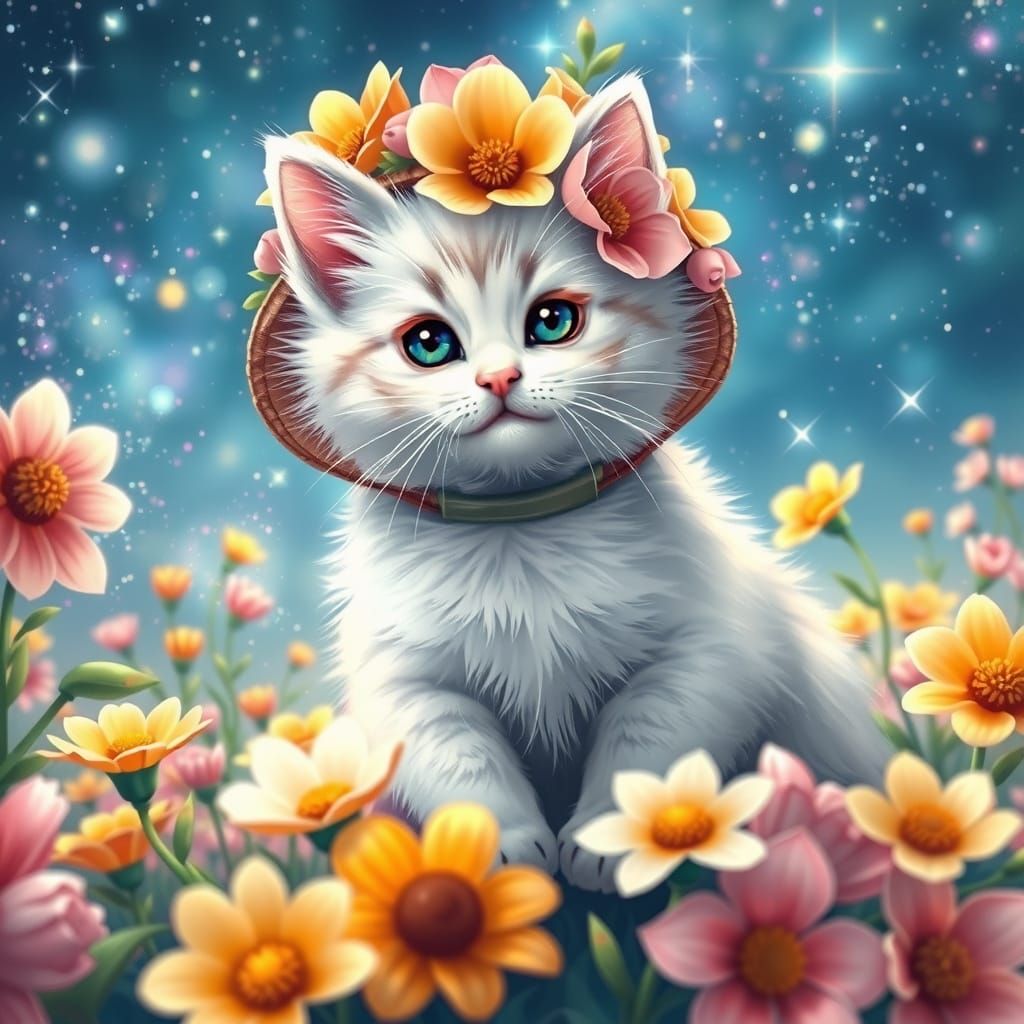 Kitten in Flower Hat with Dog, Nightcore Style