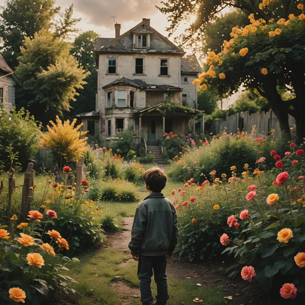 Boy in Abandoned Garden, Cinematic Film Still