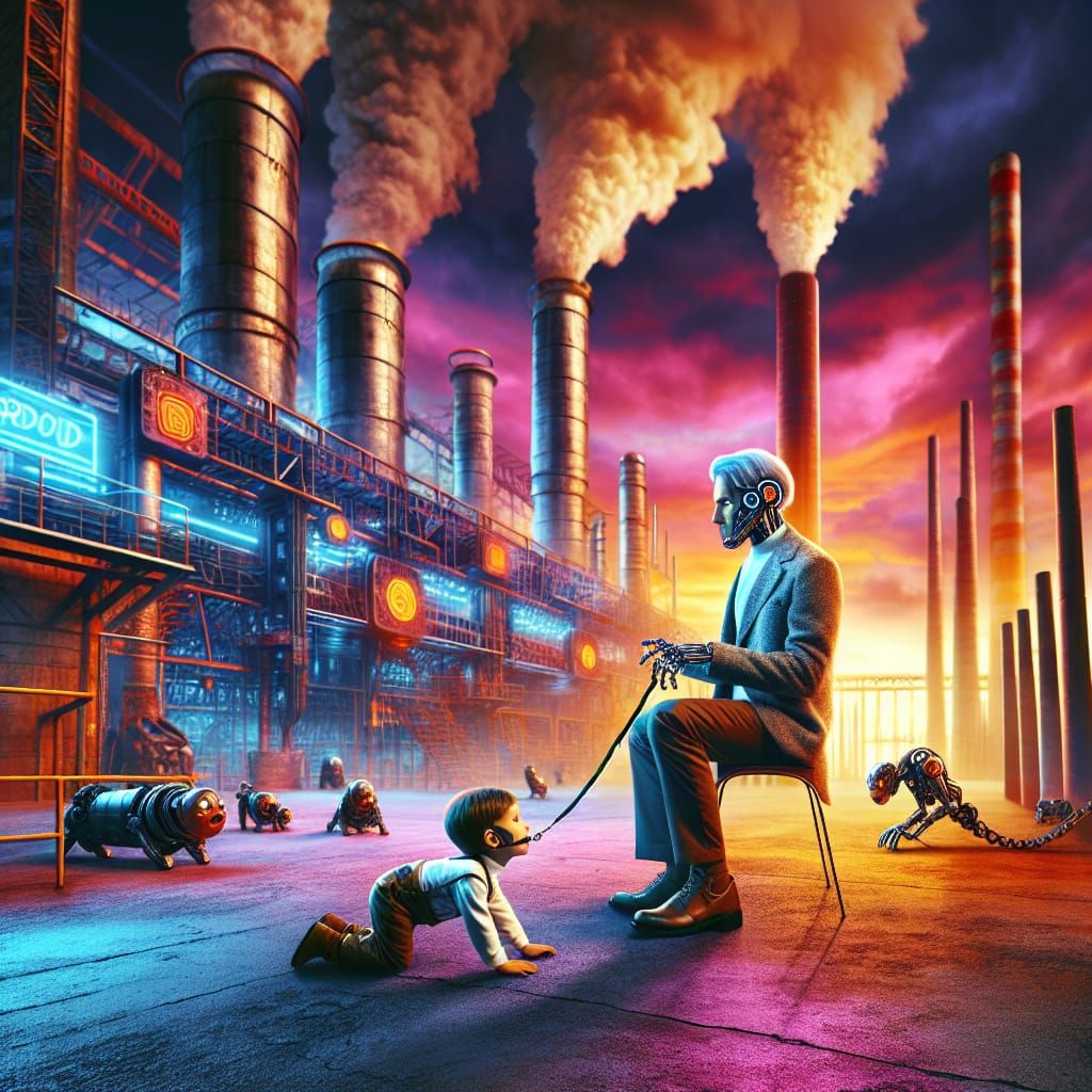 Dystopian Cyborg Playground with Human Pet