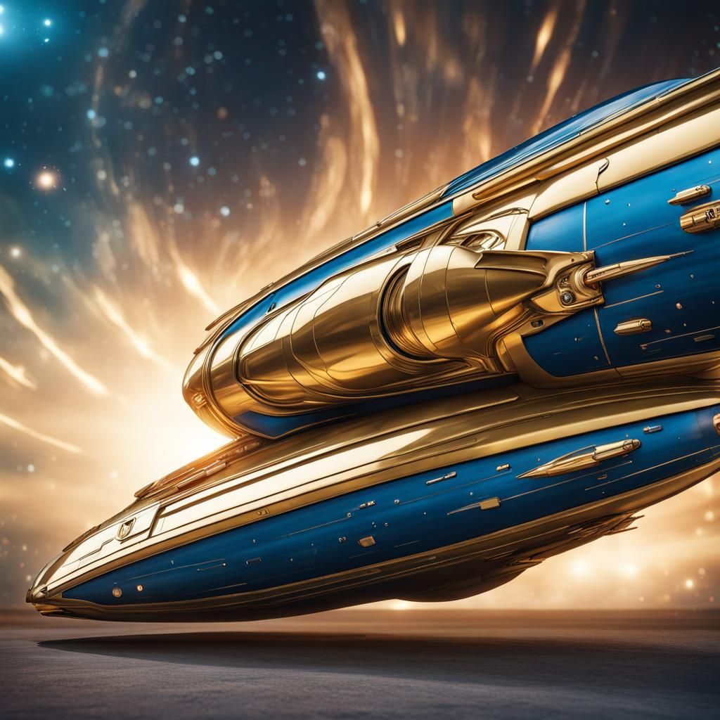 Sleek Steel Blue and Gold Spaceship Soaring