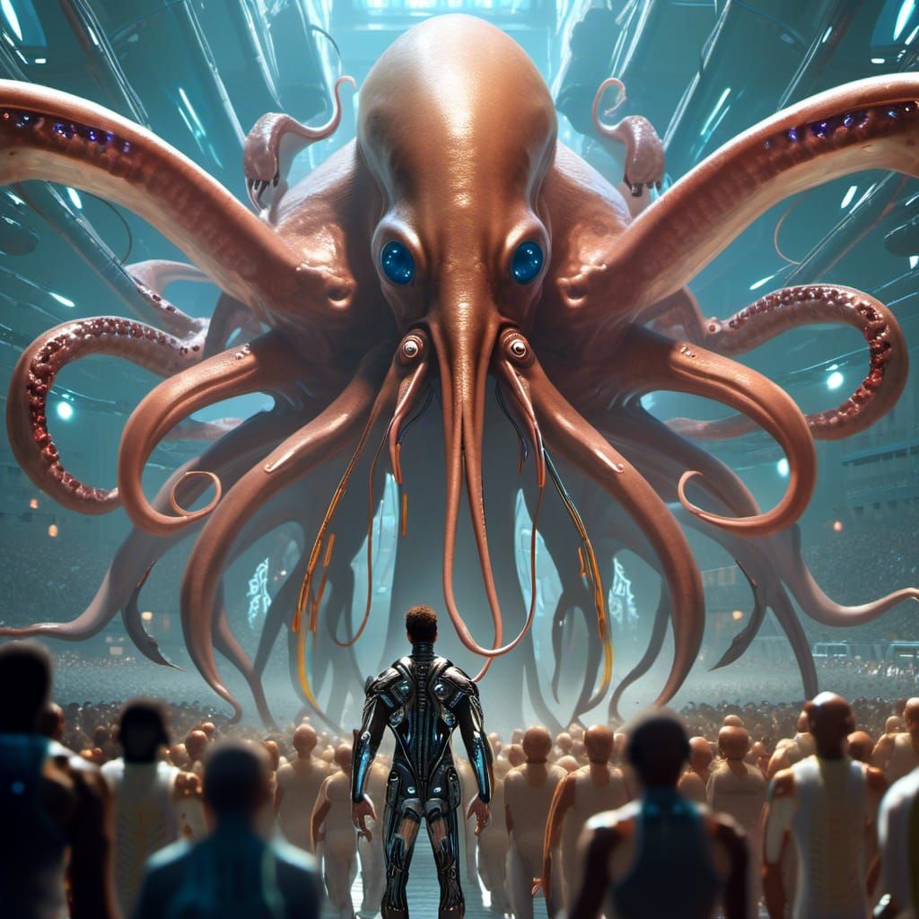 Cyborg Wrestles Alien Squid on Sci-Fi Battlefield