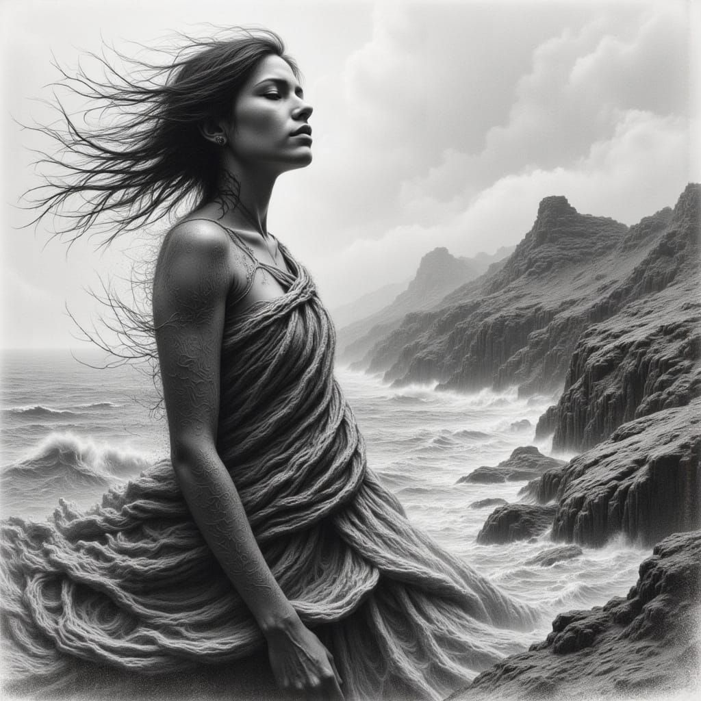 Serenely Contemplative Woman in Hyperdetailed Charcoal Drawi...