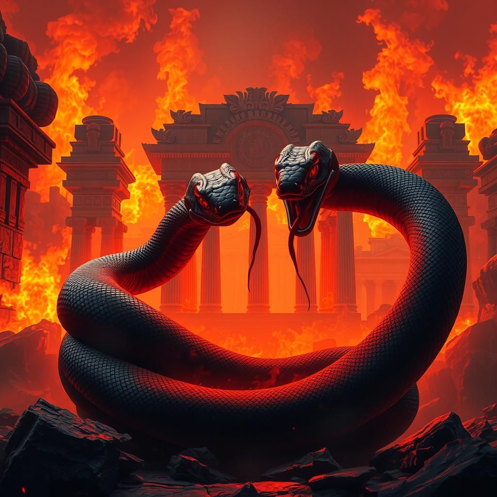 Infernal Temple Ruins Guarded by Twin Serpents